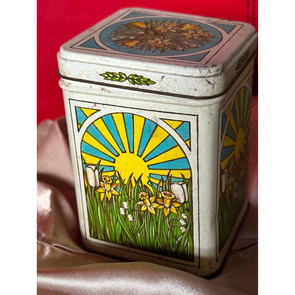 Vintage Sunrise Floral Tin: Retro White Metal Tea Container with Lid